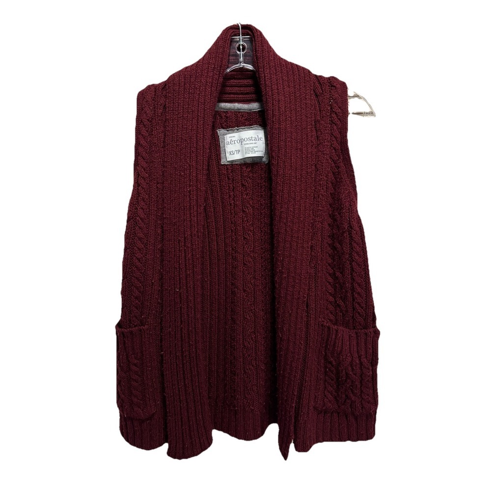 Aeropostale Burgundy Cable Knit Open Cardigan Sleeveless Vest Size XS Pockets